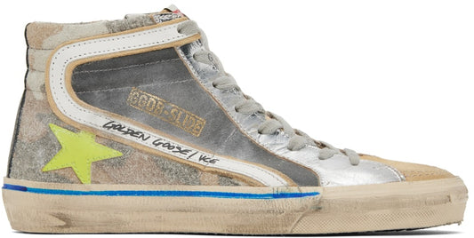 GOLDEN GOOSE Gray & Tan Slide High Top Sneakers