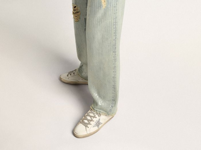 GOLDEN GOOSE Super-Star sneakers with shearling lining, silver glitter star and lizard-print dove-gray leather heel tab