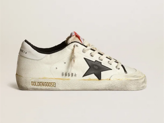 GOLDEN GOOSE Super-Star LTD sneakers in beige canvas with black leather star and white leather heel tab