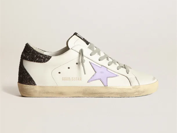 GOLDEN GOOSE Super-Star sneakers with lilac leather star and purple glitter crocodile-print heel tab