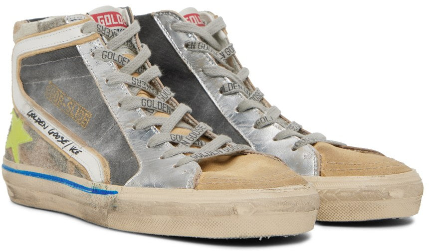 GOLDEN GOOSE Gray & Tan Slide High Top Sneakers
