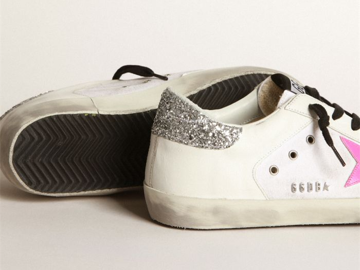 GOLDEN GOOSE Super-Star sneakers in white leather and canvas with shocking-pink leather star and silver glitter
